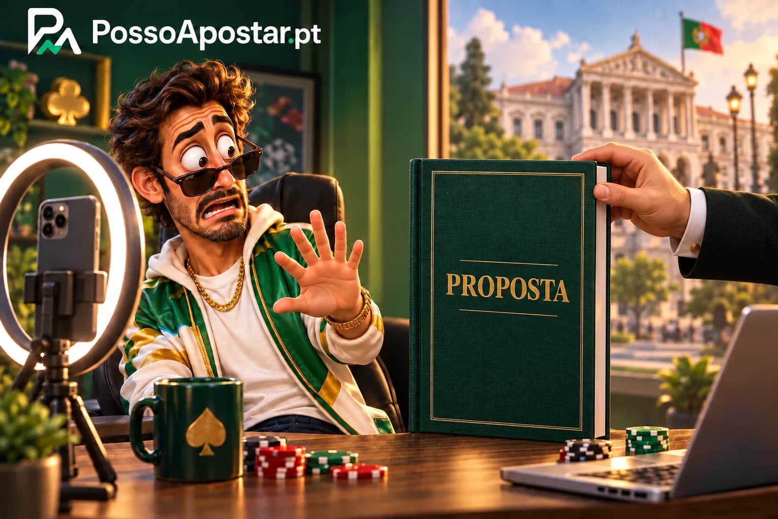 Caricatura de um influencer fictício, de óculos e telemóvel, surpreendido por um livro verde com a palavra PROPOSTA.